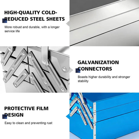 Metal Cantilever Tool Box With Fold Out Trays 3 Tier 5 Tray Stainless Steel Chest Stackable Portable Organizer For Home Garage Shop Factory Or Warehouse Use Built To Last Durable Rust Resistant Steel, blue lid and galvanized connectors
