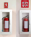2 Pack Semi Recessed Fire Extinguisher Cabinets with heavy duty steel, magnetic doors, and acrylic windows mounted on wall.