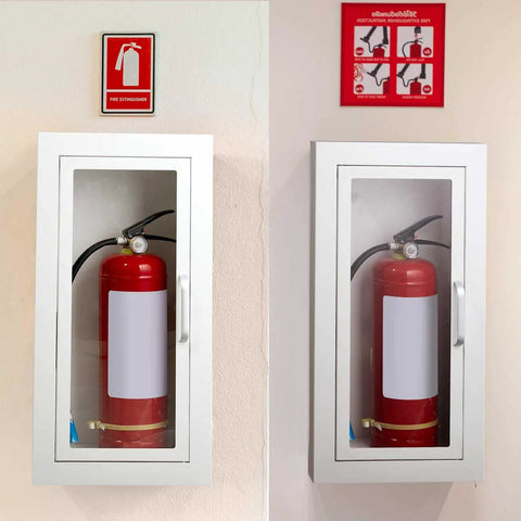 2 Pack Semi Recessed Fire Extinguisher Cabinets with heavy duty steel, magnetic doors, and acrylic windows mounted on wall.