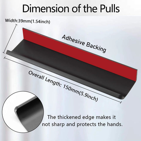 6 Pack Self Adhesive Drawer Pulls Black 5.9 Inch Back Mount Finger Edge Cabinet Handles with dimensions and adhesive backing