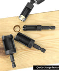 Eight Piece Wood Plug Cutter Drill Bit Set With One Quarter, Five Sixteenths, Three Eighths And One Half Inch Sizes And One Quarter Inch Hex Shank