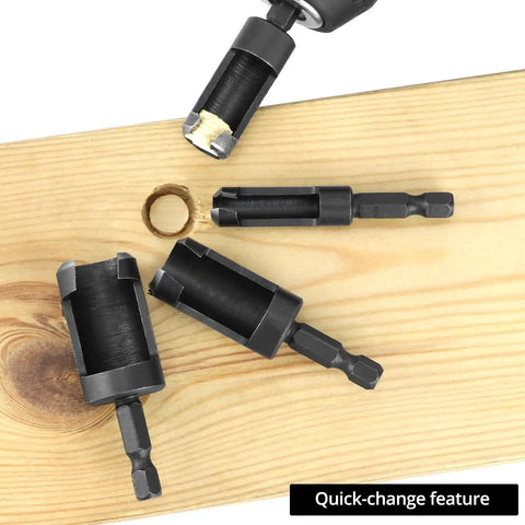Eight Piece Wood Plug Cutter Drill Bit Set With One Quarter, Five Sixteenths, Three Eighths And One Half Inch Sizes And One Quarter Inch Hex Shank