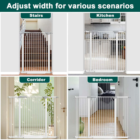 Extra Wide Baby Gate With Walk Through Door, Adjustable 25 To 80 Inch Openings, shown in stairs, kitchen, corridor, bedroom