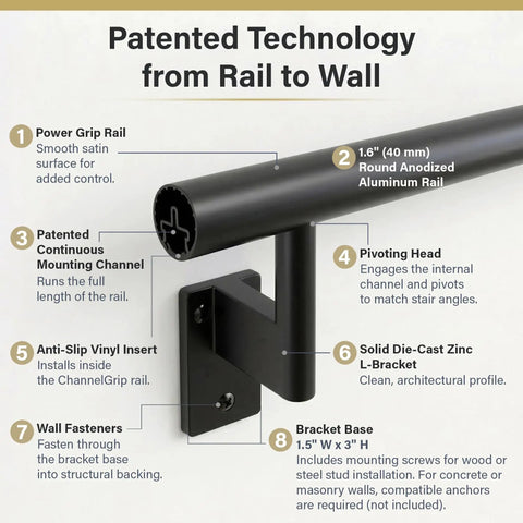 Top Tier Eight Foot Satin Black Aluminum Handrail Kit For Indoor Outdoor Stairs Featuring Smooth Anodized Finish Pivoting Wall Brackets And Clean Flush Endcaps Modern Railing No Sweat Setup with patented technology features