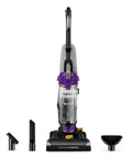 Front view of Eureka PowerSpeed bagless upright vacuum cleaner in purple with crevice tool and floor nozzle attachments.