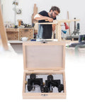 Open wooden box with 2 Piece Magnetic Knife Setting Jigs For Planer And Jointer, showing adjustable gauge set and high carbon steel blades.