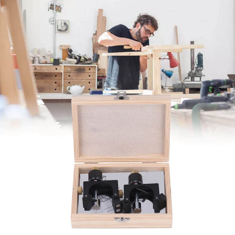 Open wooden box with 2 Piece Magnetic Knife Setting Jigs For Planer And Jointer, showing adjustable gauge set and high carbon steel blades.