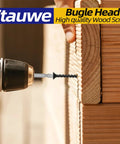 Pro Grade Eight X Four Inch Black Drywall Screws Built Solid With Coarse Threads And Phillips Bugle Heads For Smooth Self Tapping On Wood Studs Featuring Top Shelf Rust Resistant Carbon Steel 100 Piece Pack being drilled into wooden boards.