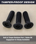 Dead Nuts Tight M5 X 8mm Black Stainless Steel Security Screws 100 Pack With T25 Torx Bit showing three tamper-proof bolts.