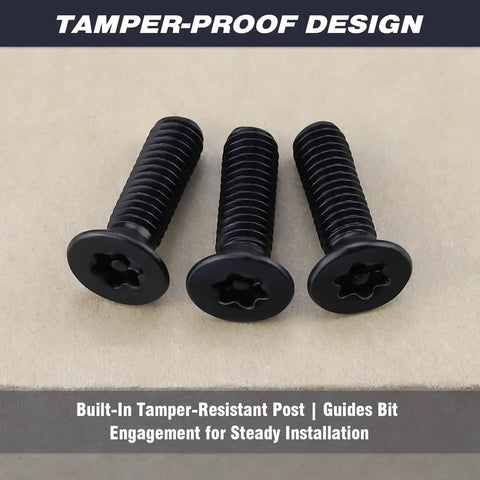 Dead Nuts Tight M5 X 8mm Black Stainless Steel Security Screws 100 Pack With T25 Torx Bit showing three tamper-proof bolts.