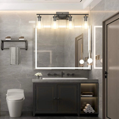 Bathroom with Dope Four Light Black Bathroom Vanity Light Over Mirror With Clear Glass Shades Industrial Style Bath Fixture