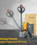 Compact Electric Pallet Jack Truck With Lithium Battery, 48 Inch Forks, 4400 Lb Capacity, showing integrated oil pump and controls.