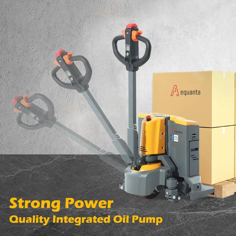 Compact Electric Pallet Jack Truck With Lithium Battery, 48 Inch Forks, 4400 Lb Capacity, showing integrated oil pump and controls.