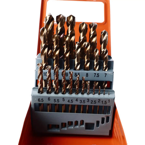 Snag This Killer Cobalt Drill Bit Set 25 Piece High Speed Twist Bits For Hardened Metal Stainless Steel Iron Wood Quick Chip Removal Rock Solid Storage Case Cuts Like A Dream Built Tough in orange storage case.