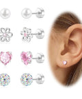Hypoallergenic Surgical Steel Earrings for Girls and Toddlers with Screw Back Flat Posts Nickel Free and Safe for Sensitive Ears Kid Friendly Mixed 14K Gold and Silver Stud Set Featuring Heart Flower Pearl Star Shapes, flower and heart studs
