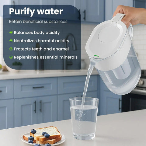 Pouring filtered water from white pitcher into glass; Six Pack Water Filter Cartridges Compatible With Brita Pitchers, BPA Free.