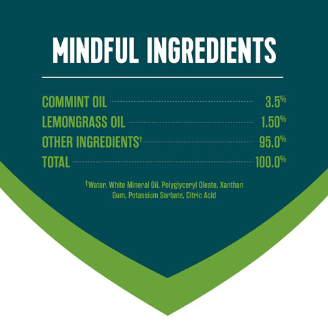 EcoLogic Home Insect Control ingredients list on packaging, featuring cornmint oil, lemongrass oil, safe for indoor and outdoor use
