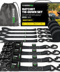 Heavy Duty Ratchet Straps Kit Four Pack 1.6 Inch By 8 Feet With 5000 Lb Break Strength, displayed with storage bag and hooks