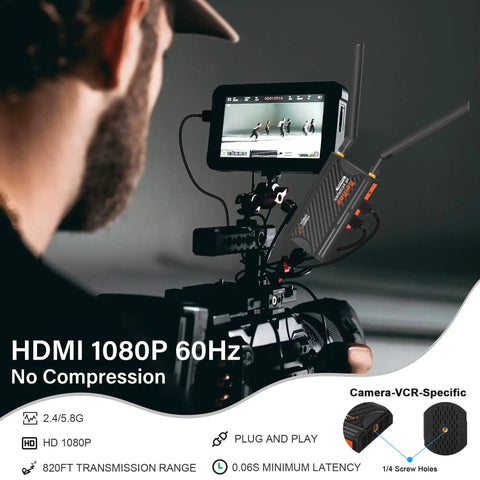 1080P Wireless HDMI Transmitter And Receiver Kit With 820 Ft Range Loop Out And IR Remote Streaming attached to camera