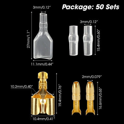 50 Pack Double Spade Wire Connectors For Motorcycle Wiring, 2 To 1 Splice, 4mm Bullet Crimp Terminals, Heat Shrink Butt, Transparent Sleeve And Heat Shrink Tubing dimensions