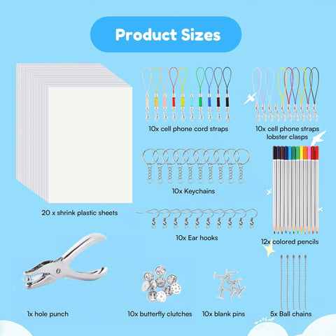 All In One Shrink Plastic Craft Kit For DIY Keychains And Shrink Art With 198 Pieces showing components on blue background