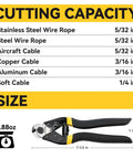 Beefy 7-1/2 Inch Heavy Duty Wire Rope Cutter With Chrome Vanadium Steel Jaw For Hard Wire Ropes Steel Wires And Aircraft Cables shown with cutting capacity chart