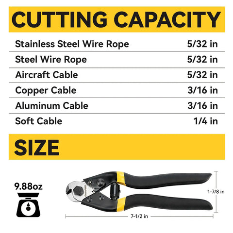 Beefy 7-1/2 Inch Heavy Duty Wire Rope Cutter With Chrome Vanadium Steel Jaw For Hard Wire Ropes Steel Wires And Aircraft Cables shown with cutting capacity chart