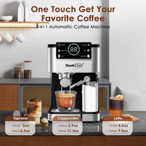Home Barista Espresso Machine With 20 Bar Pressure And Integrated Milk Frother For Silky Cappuccino brewing espresso and cappuccino.