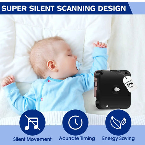 Baby sleeping beside Silent Sweep Clock Movement Replacement With Snap In Type Quartz Wall Clock Mechanism 8mm Shaft