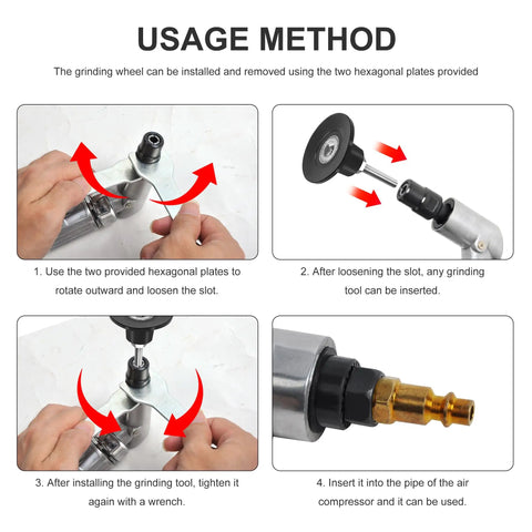 Pro Grade 1/4 Inch Air Angle Die Grinder With Built In Regulator And Variable Speed Throttle installation steps using hexagonal plates.
