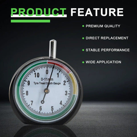 Slick Stainless Steel Tire Tread Depth Gauge with dial measuring 0-11mm for quick rubber wear checks.