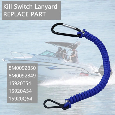 Boat Kill Switch Lanyard Replacement Tether 54 Inch Blue for outboard boats, in front of a speeding boat on water.