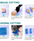 Mosaic Tile Nippers Kit Pro Grade With Heavy Duty Glass Nippers showing parallel and diagonal cutting techniques