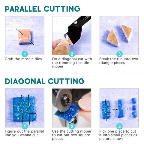 Mosaic Tile Nippers Kit Pro Grade With Heavy Duty Glass Nippers showing parallel and diagonal cutting techniques