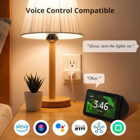 Smart Plug Mini 15A With Energy Monitor connected to lamp, voice command with Amazon Alexa, 4-pack.