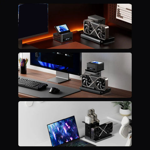 Plug In And Crush Lag With This Top Tier External Gpu Dock Featuring Dual Thunderbolt Five And Oculink Pcie Four Zero X4 Ports That Push Graphics Power To Beast Mode While Shipping Data Fast At Sixty Four Gbps With ATX Or SFX Power situated on a modern desk with a laptop and monitor.