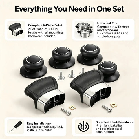 Awesome Six Piece Replacement Set For Your Kitchen Pots Handles And Lid Knobs Bakelite Heat Resistant Cookware Repair Kit For Saucepans Pressure Cookers And Glass Lids Easy Fix Upgrade, 2 handles 4 knobs