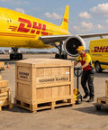 DHL delivery worker handling wooden crates labeled SIDOMER MARBLE at airport with DHL airplane in background.