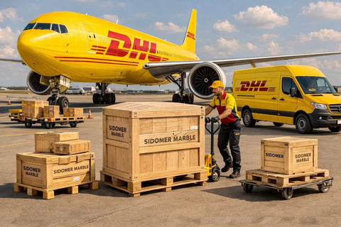 DHL delivery worker handling wooden crates labeled SIDOMER MARBLE at airport with DHL airplane in background.