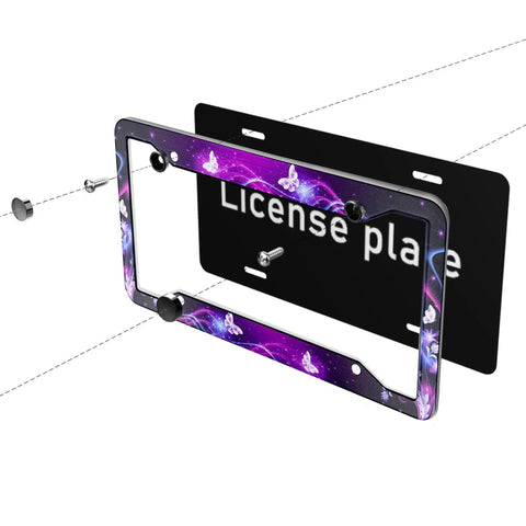 Universal Durable Aluminum License Plate Frame Cover 12.3 x 6.3 Inch Car Plate Holder Decor For Women And Men 2 Pack With Screws Weatherproof Easy Fit, showing butterfly pattern and screw components.