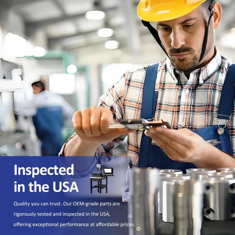 Engineer inspecting metal parts in a factory, highlighting USA inspection quality. Text: 'Inspected in the USA' with blurred machinery.