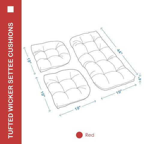 Diagram of All Weather Tufted Wicker Chair Cushions Set for Outdoor and Indoor Use, 3 Piece Pack dimensions; red color.