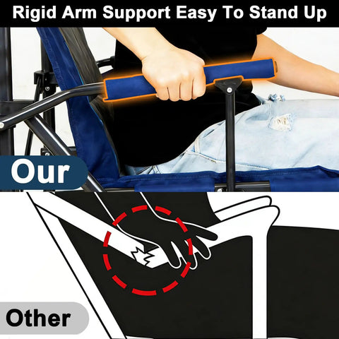 Heavy Duty Camping Chairs 2 Pack With 500 Lbs Capacity, showing hard armrests with person's hand for easy standing up.