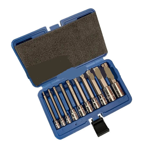 Premium 10-piece Heavy Duty Impact Socket Wrench Head Set With Spline And Torx Bits For 1/4 And 1/2 Inch Drive. Super Tough, Rust-Resistant Kit That Helps You Crush Stripped Bolts And Tighten Like A Pro Without Burning Out Your Tools Or Hands Today., blue case with 10 spline and Torx impact bits for 1/4 and 1/2 inch drive
