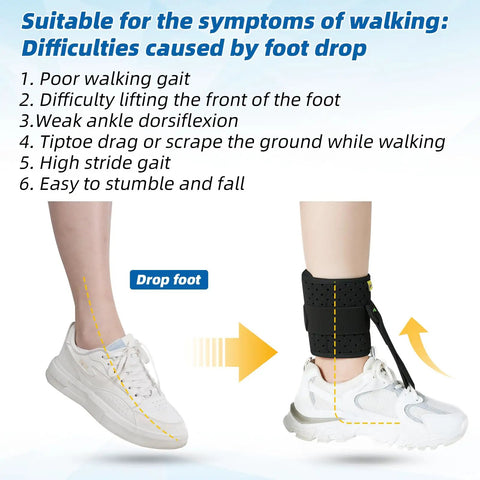Foot Drop Ankle Brace Orthosis With Cushioned Adjustable Wrap Compression for walking gait pain relief, black color, on ankle.