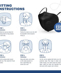 Illustration showing fitting instructions for KN95 Face Mask Made In USA 20 Pack Breathable Disposable Protective Mask With Ear Loops FDA Registered PM25 Dust Pollen Haze All Day Comfort Fit GB26262019 Black.