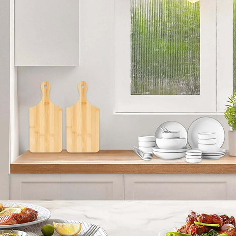 Bamboo cutting boards with handles, 11x5 inches, set of two for kitchen serving and cheese/charcuterie.