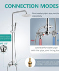 Connection modes for Outdoor Shower Kit With 8 Inch Rainfall Head, Handheld Sprayer, Exposed Shower Pipe, Two Handle Faucet.