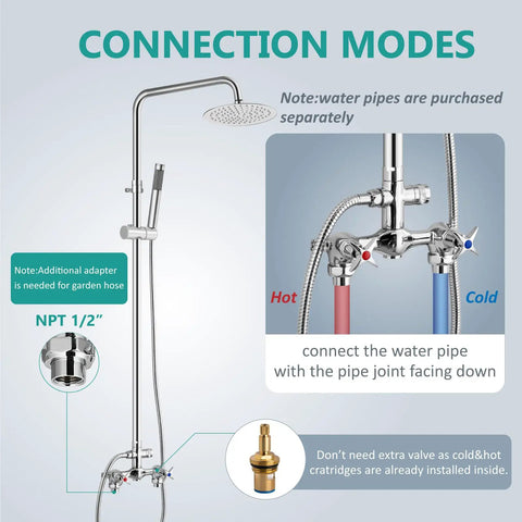 Connection modes for Outdoor Shower Kit With 8 Inch Rainfall Head, Handheld Sprayer, Exposed Shower Pipe, Two Handle Faucet.