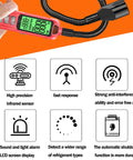 Red handheld freon leak detector with LCD display and flexible probe for RV AC use